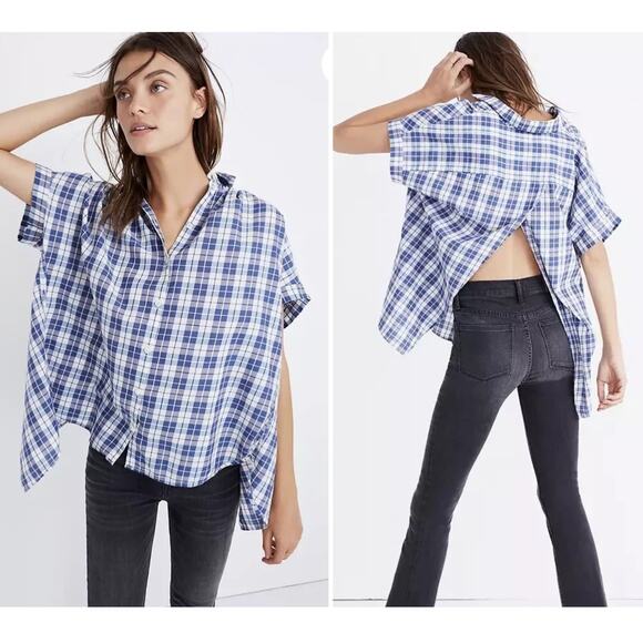 Madewell Central Open-Back Top Size Small Gingham Plaid Blue White - Picture 1 of 7